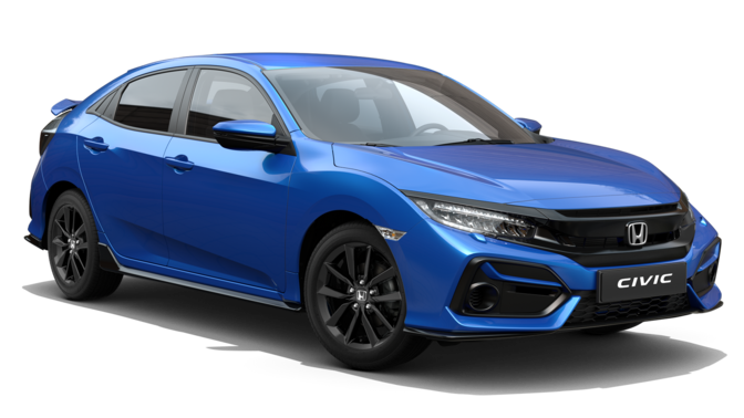 Trojštvrťový pohľad spredu na model Honda Civic EX SportLine v prevedení Obsidian Blue Pearl
