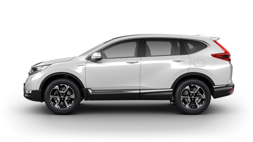 Bočný pohľad na vozidlo Honda CR-V Hybrid v perleťovej bielej farbe Platinum White Pearl.
