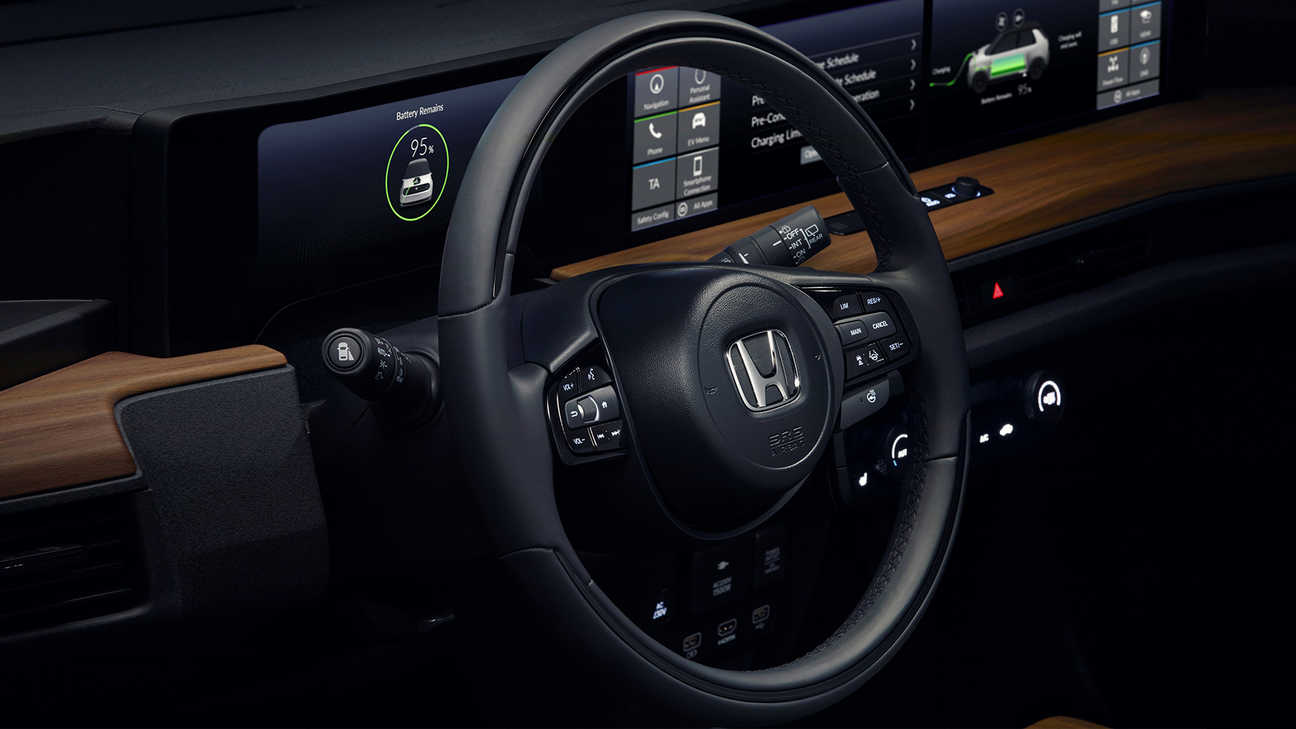 Close up of Honda e steering wheel.