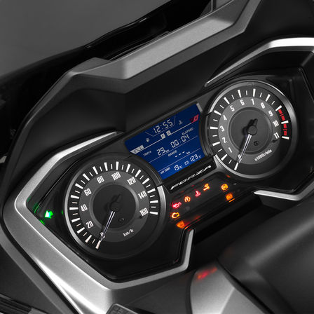 Priblížený pohľad na prístrojovú dosku skútra Honda Forza 300.